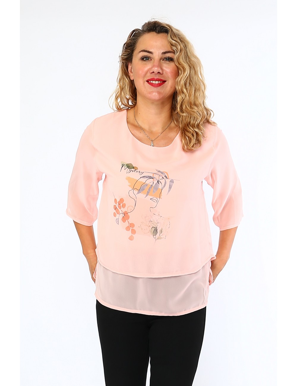 Blouse rose fluide imprimée manches 3/4