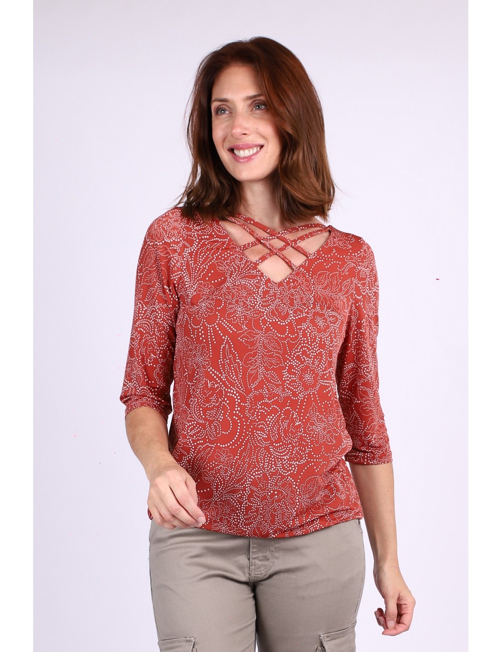 top terracotta imprimé pois