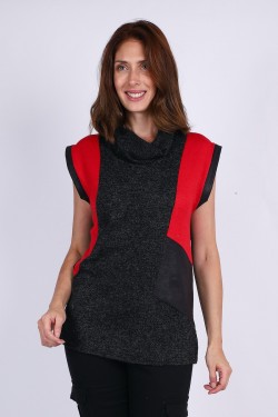 Pull col roulé sans manches rouge et anthracite en maille chaude