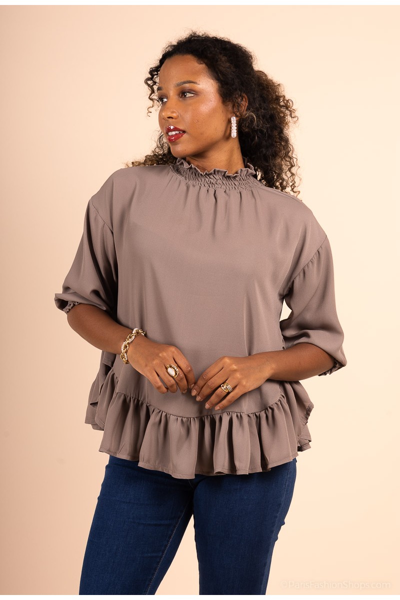 Blouse évasée col haut taupe