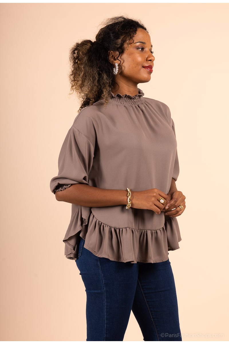 Blouse évasée col haut taupe