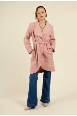 Manteau rose Long Ouvert avec Poches et Ceinture en Bouclette