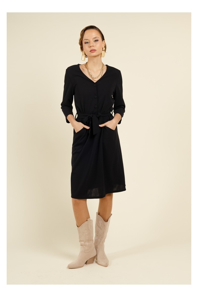 Robe Droite Noir à Lacage Ceinturé et Encolure en V