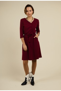 Robe Droite rouge à Lacage Ceinturé et Encolure en V