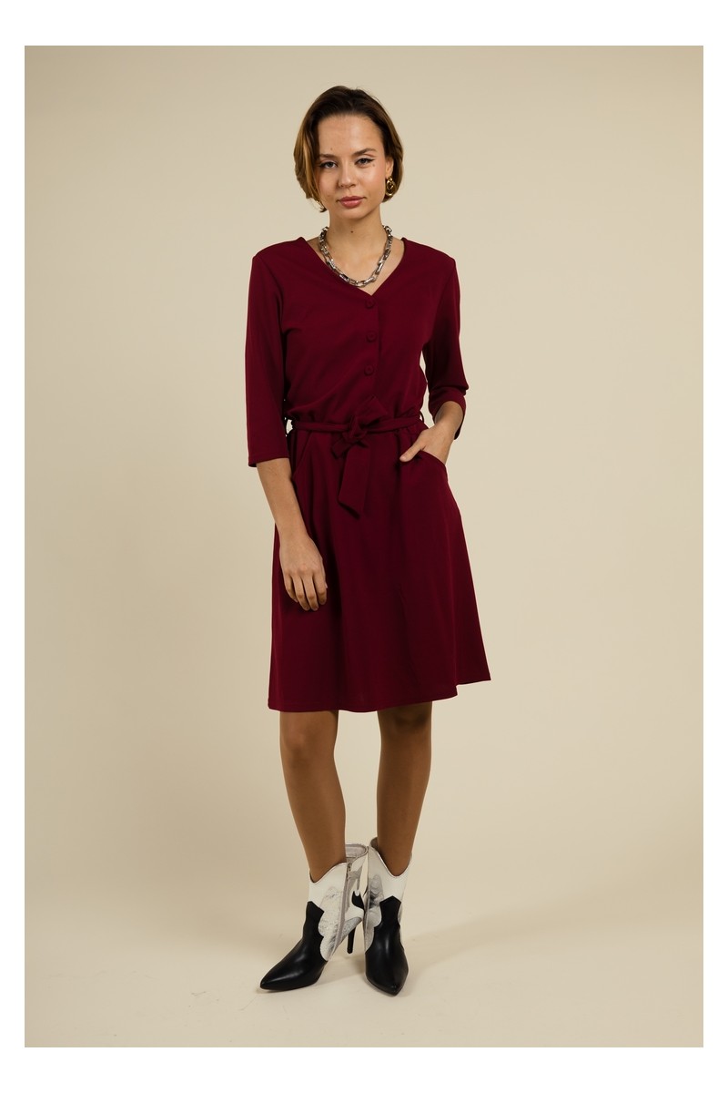 Robe Droite rouge à Lacage Ceinturé et Encolure en V